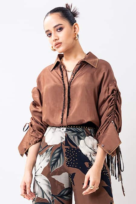 Nupur Kanoi_Brown Silk, Crepe Fringe, Beads Collared, Drawstring Shirt And Printed Pant Set _Online_at_Aza_Fashions