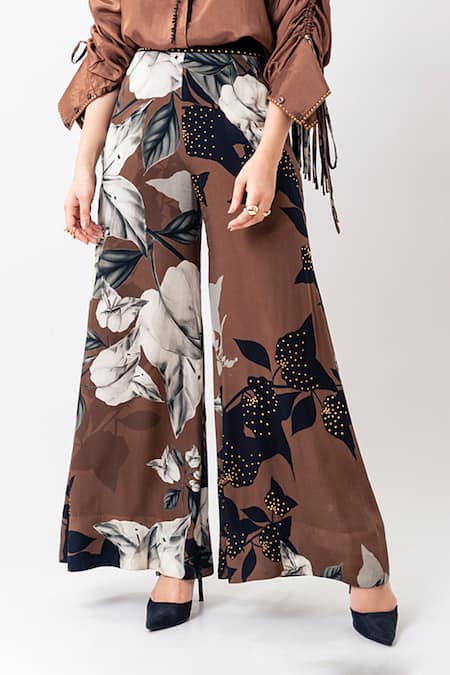 Buy_Nupur Kanoi_Brown Silk, Crepe Fringe, Beads Collared, Drawstring Shirt And Printed Pant Set _Online_at_Aza_Fashions