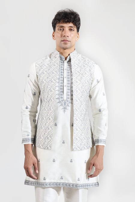 Buy_Rng Safawala_Off White Silk, Dupion Embroidery, Sequins Thread And Bundi Kurta Set _Online_at_Aza_Fashions