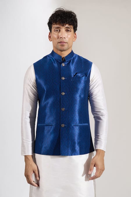 Rng Safawala_Blue Silk Block Print Bundi _Online_at_Aza_Fashions