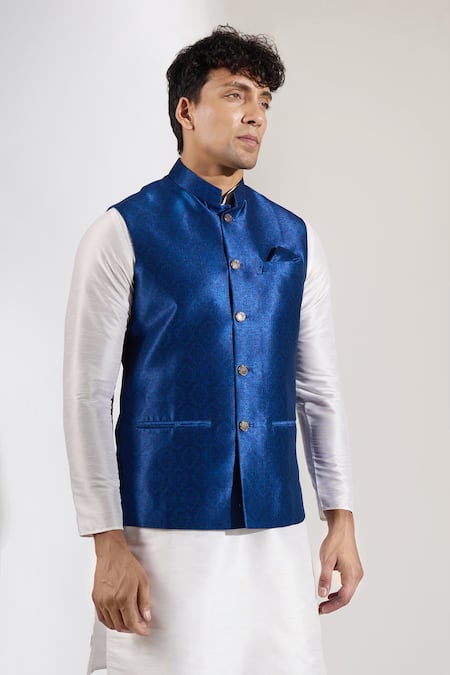 Buy_Rng Safawala_Blue Silk Block Print Bundi _Online_at_Aza_Fashions