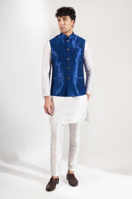 Shop_Rng Safawala_Blue Silk Block Print Bundi _Online_at_Aza_Fashions