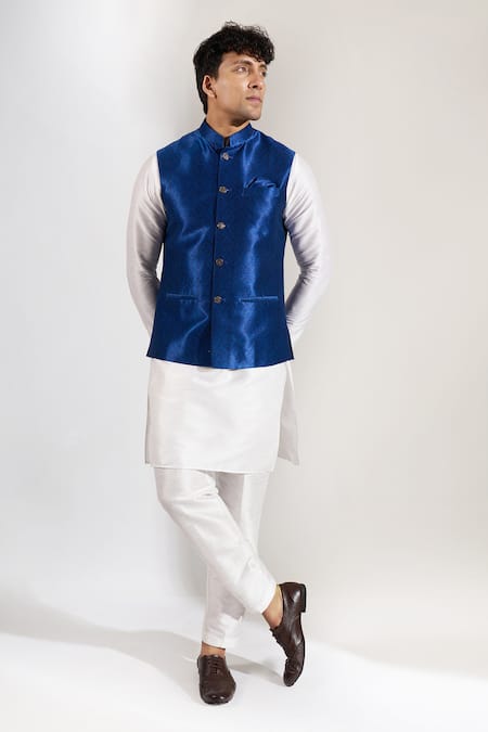 Rng Safawala_Blue Silk Block Print Bundi _at_Aza_Fashions