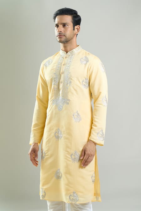 Rng Safawala_Yellow Crepe, Silk, Dupion Embroidery Resham Kurta And Pant Set _Online_at_Aza_Fashions