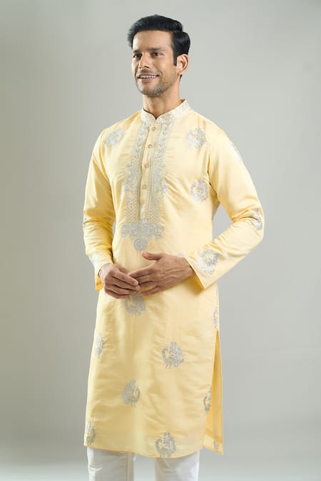 Shop_Rng Safawala_Yellow Crepe, Silk, Dupion Embroidery Resham Kurta And Pant Set _Online_at_Aza_Fashions