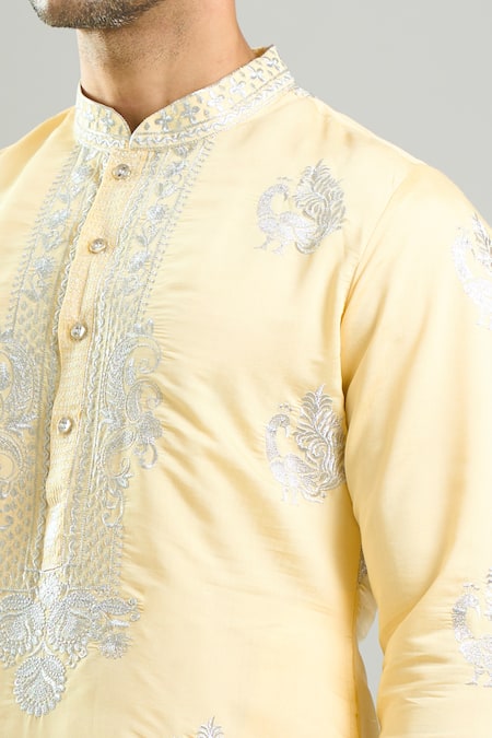 Rng Safawala_Yellow Crepe, Silk, Dupion Embroidery Resham Kurta And Pant Set _at_Aza_Fashions