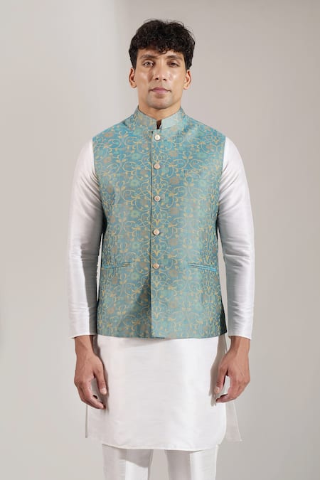 Rng Safawala Teal Cotton Floral Print Bundi Online at Aza Fashions Rng Safawala_Teal Cotton Floral Print Bundi _Online_at_Aza_Fashions