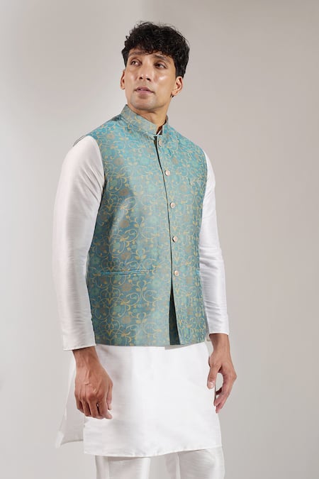 Buy Rng Safawala Teal Cotton Floral Print Bundi Online at Aza Fashions Buy_Rng Safawala_Teal Cotton Floral Print Bundi _Online_at_Aza_Fashions