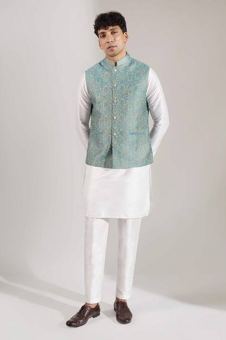 Shop Rng Safawala Teal Cotton Floral Print Bundi Online at Aza Fashions Shop_Rng Safawala_Teal Cotton Floral Print Bundi _Online_at_Aza_Fashions