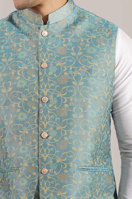Rng Safawala Teal Cotton Floral Print Bundi at Aza Fashions Rng Safawala_Teal Cotton Floral Print Bundi _at_Aza_Fashions
