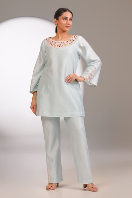 Buy_Laxmishriali_Blue Chanderi, Organza Embroidery, Cut Work, Sequins Seraphina Kurta Pant Set _Online_at_Aza_Fashions