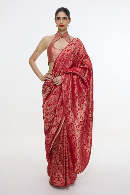 Ekaya Banaras Handwoven Crimson Red Silk Tissue Saree With Running Blouse 