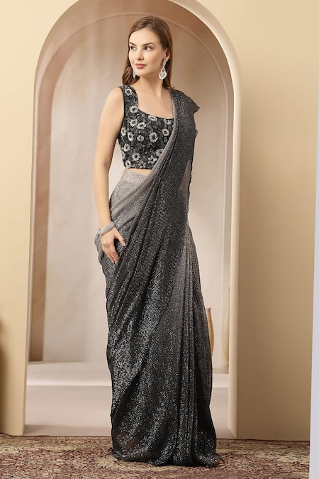 Soniya G_Charcoal Net Sequins, Beads Square Ombre Shimmer Pre-draped Saree With Blouse _Online_at_Aza_Fashions
