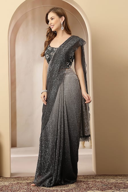 Buy_Soniya G_Charcoal Net Sequins, Beads Square Ombre Shimmer Pre-draped Saree With Blouse _Online_at_Aza_Fashions
