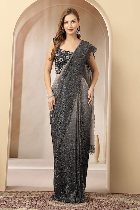 Shop_Soniya G_Charcoal Net Sequins, Beads Square Ombre Shimmer Pre-draped Saree With Blouse _Online_at_Aza_Fashions