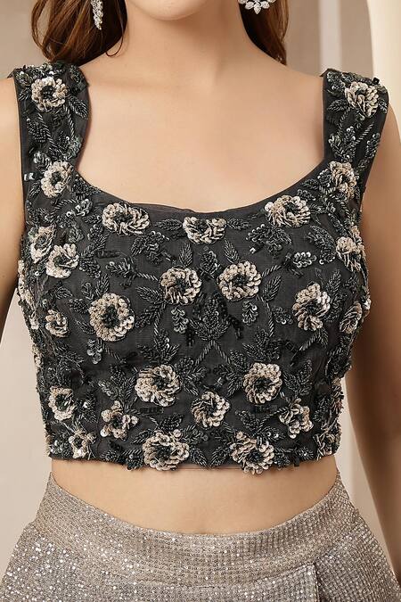 Shop_Soniya G_Charcoal Net Sequins, Beads Square Ombre Shimmer Pre-draped Saree With Blouse 