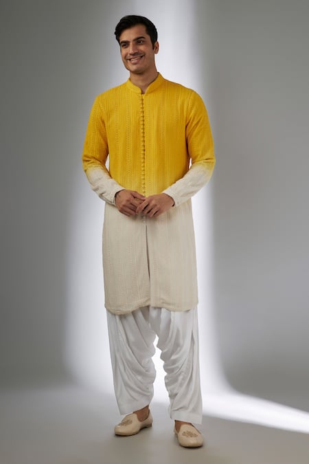 SALIL BHATIA Yellow Georgette, Modal Embroidery Bel Boota Ombre Thread Work Kurta Set 