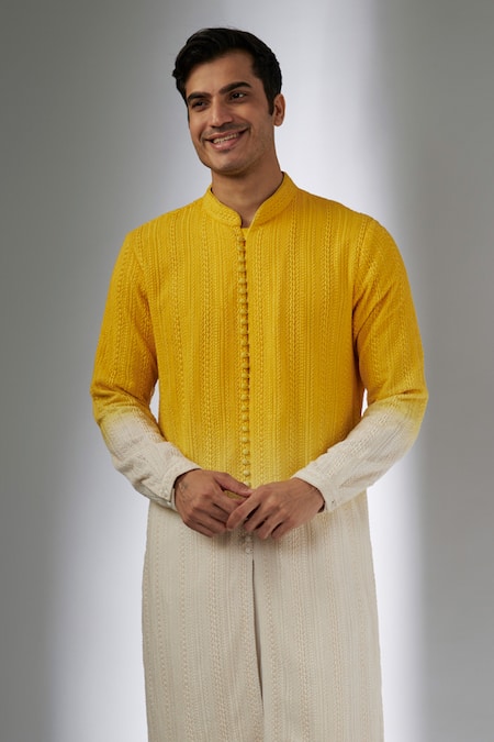 Shop SALIL BHATIA Yellow Georgette, Modal Embroidery Bel Boota Ombre Thread Work Kurta Set at Aza Fashions Shop_SALIL BHATIA_Yellow Georgette, Modal Embroidery Bel Boota Ombre Thread Work Kurta Set _at_Aza_Fashions