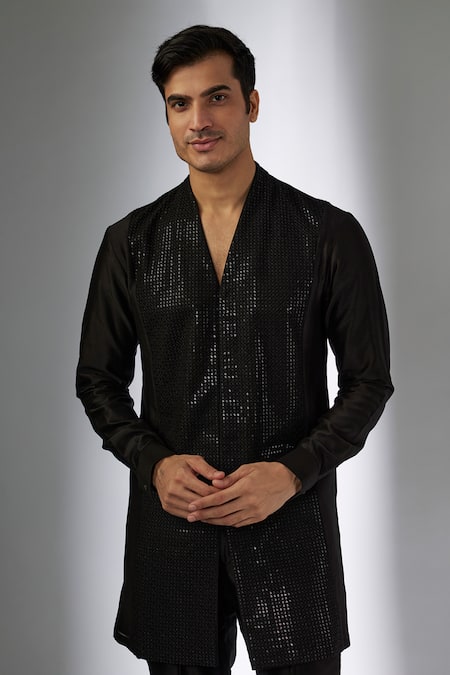 Buy_SALIL BHATIA_Black Silk, Chanderi Sequins Embellished Sherwani Set _Online_at_Aza_Fashions