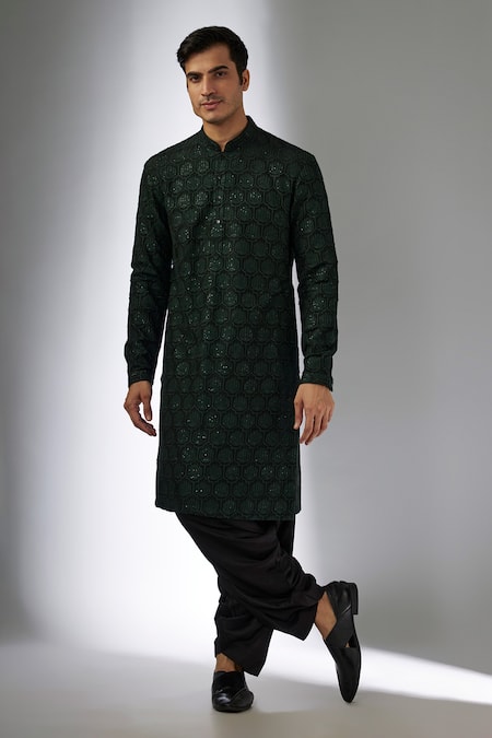 SALIL BHATIA Green Silk, Modal, Satin Embroidery, Sequins Bel Boota Embellished Kurta Set 