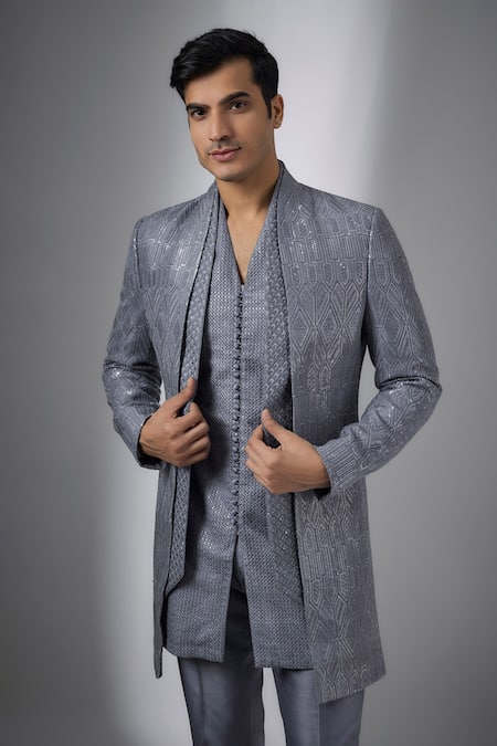 SALIL BHATIA_Gray Silk Sequins, Embroidery, Metallic Reet Mahal Embellished Sherwani Set _Online_at_Aza_Fashions