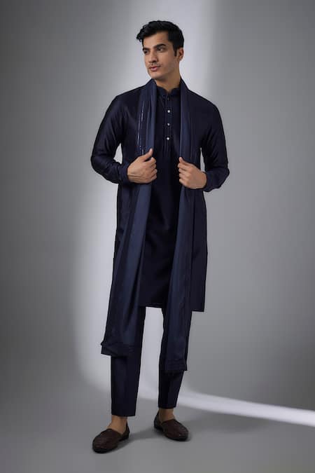 SALIL BHATIA Navy Chanderi Silk, Modal, Satin Embroidery, Neer Mahal Embellished Kurta Set 