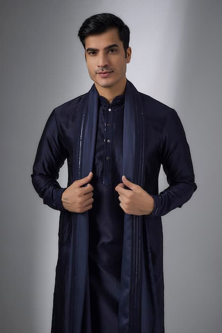 Buy_SALIL BHATIA_Navy Chanderi Silk, Modal, Satin Embroidery, Neer Mahal Embellished Kurta Set _Online_at_Aza_Fashions