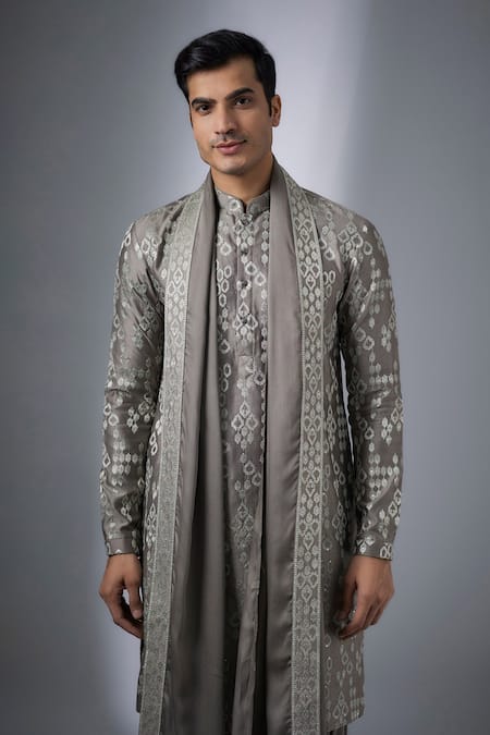 Buy_SALIL BHATIA_Gray Chanderi Silk, Modal, Satin Zari, Sequins Mahal Embellished Kurta Set _Online_at_Aza_Fashions