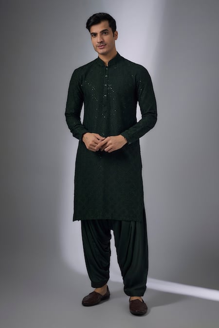 SALIL BHATIA Green Silk, Modal, Satin Sequins, Embroidery Rooh Mahal Embellished Kurta Set 