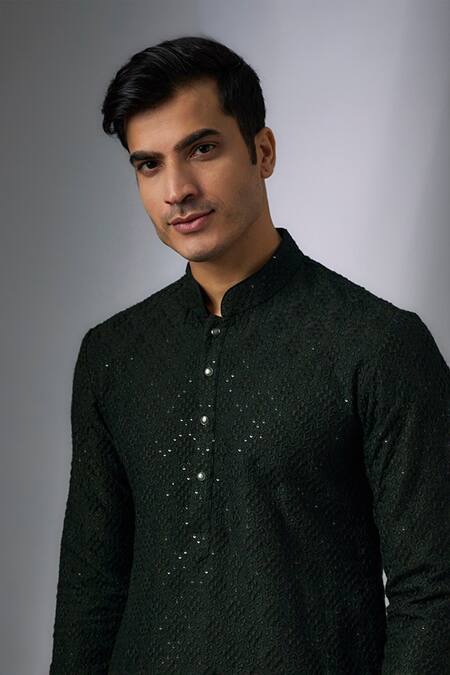 Buy_SALIL BHATIA_Green Silk, Modal, Satin Sequins, Embroidery Rooh Mahal Embellished Kurta Set _Online_at_Aza_Fashions