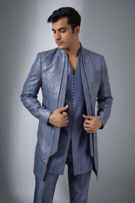 SALIL BHATIA_Gray Chanderi Silk Sequins, Embroidery Reet Mahal Embellished Sherwani Set _Online_at_Aza_Fashions