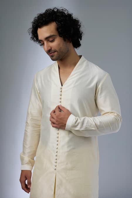 SALIL BHATIA_Ivory Chanderi Silk, Modal, Satin Button-down Kurta Set _Online_at_Aza_Fashions