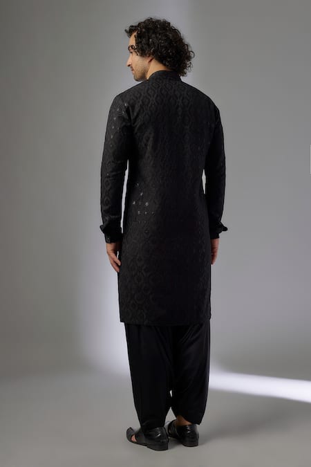 Shop SALIL BHATIA Black Silk, Modal, Satin Embroidery, Zari Barfi Boota Embellished Kurta Set at Aza Fashions Shop_SALIL BHATIA_Black Silk, Modal, Satin Embroidery, Zari Barfi Boota Embellished Kurta Set _at_Aza_Fashions