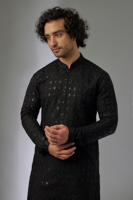 Buy SALIL BHATIA Black Silk, Modal, Satin Embroidery, Zari Barfi Boota Embellished Kurta Set Online at Aza Fashions Buy_SALIL BHATIA_Black Silk, Modal, Satin Embroidery, Zari Barfi Boota Embellished Kurta Set _Online_at_Aza_Fashions