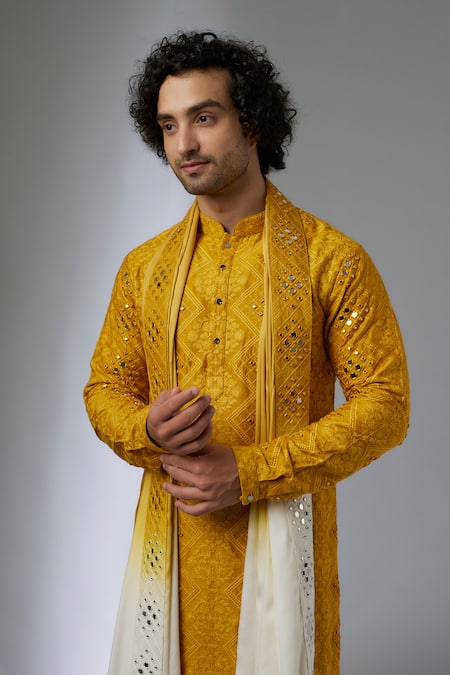 SALIL BHATIA_Yellow Silk, Modal, Satin Mirrors, Embroidery Van Mahal Thread And Work Kurta Set _Online_at_Aza_Fashions