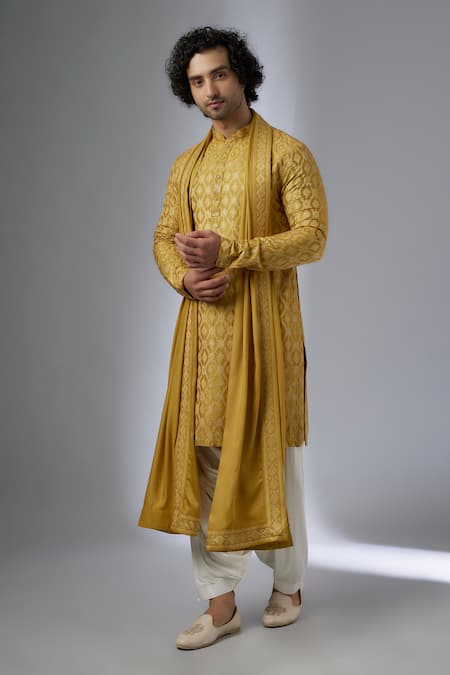 SALIL BHATIA Yellow Silk, Modal, Satin Zari, Sequins Barfi Boota Embellished Kurta Set 