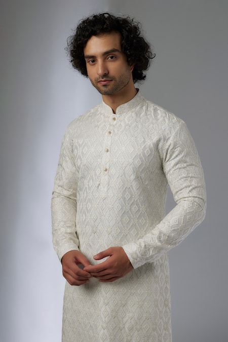 Buy_SALIL BHATIA_Ivory Silk, Modal, Satin Zari, Sequins Barfi Boota Embellished Kurta Set _Online_at_Aza_Fashions