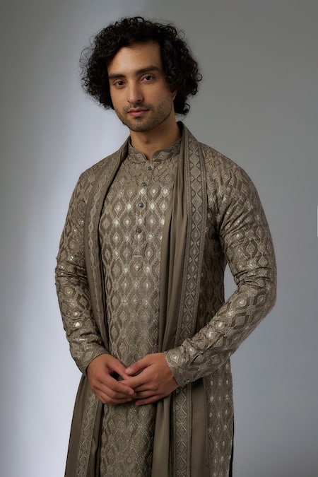 Buy_SALIL BHATIA_Brown Silk, Modal, Satin Zari, Sequins Barfi Boota Embellished Kurta Set _Online_at_Aza_Fashions