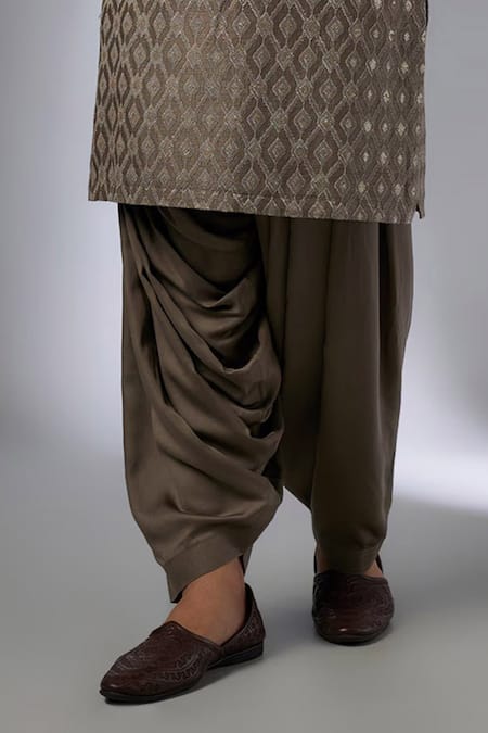 SALIL BHATIA_Brown Silk, Modal, Satin Zari, Sequins Barfi Boota Embellished Kurta Set _Online_at_Aza_Fashions
