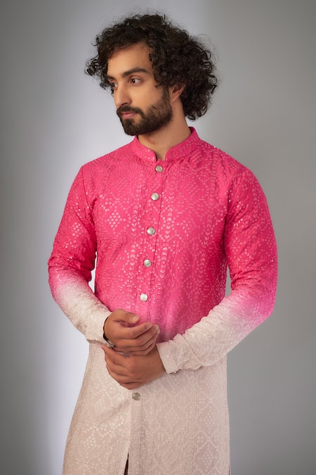 Buy_SALIL BHATIA_Pink Silk, Modal, Satin Sequins, Embroidery, Metallic Roop Mahal Kurta Set _Online_at_Aza_Fashions