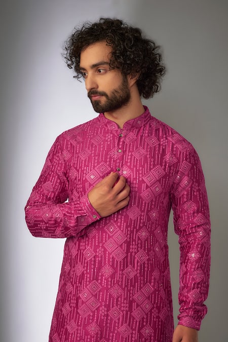 Buy_SALIL BHATIA_Pink Silk, Modal, Satin Embroidery, Sequins Amber Mahal Embellished Kurta Set _Online_at_Aza_Fashions