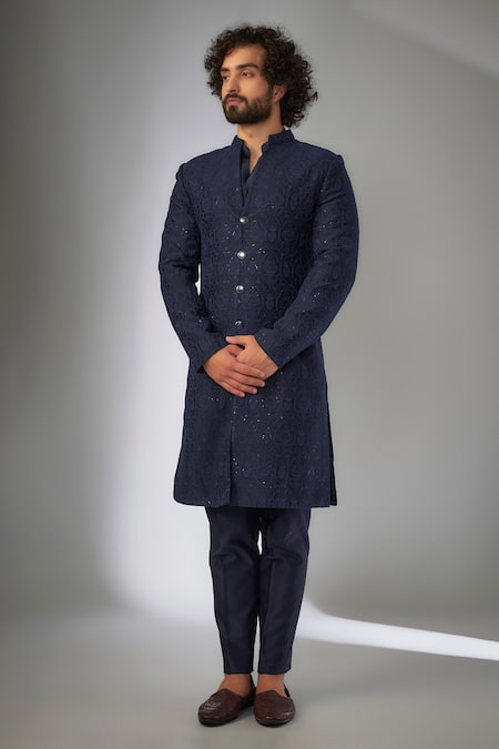 SALIL BHATIA Storm Blue Sequins Embellished Sherwani Set 