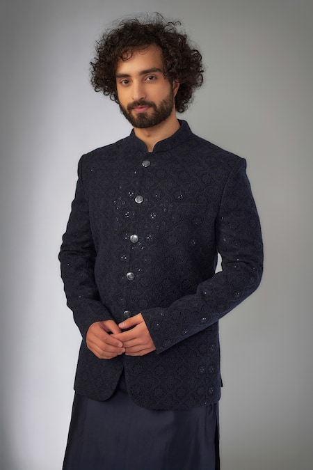 SALIL BHATIA_Blue Chanderi Silk, Georgette Sequins, Embroidery Embellished Bandhgala Set _Online_at_Aza_Fashions