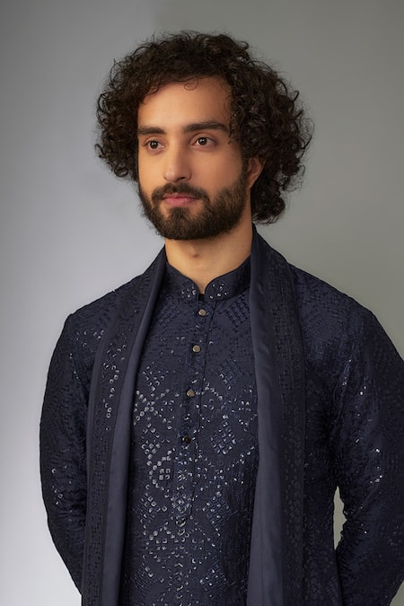 Buy_SALIL BHATIA_Navy Silk, Modal, Satin Embroidery, Metallic Thread Roop Mahal Kurta Set _Online_at_Aza_Fashions