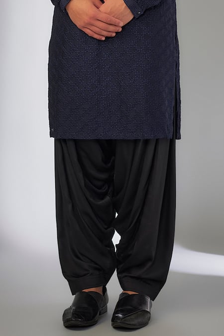 SALIL BHATIA_Navy Silk, Modal, Satin Embroidery Chakri Boota Thread Kurta Set _Online_at_Aza_Fashions
