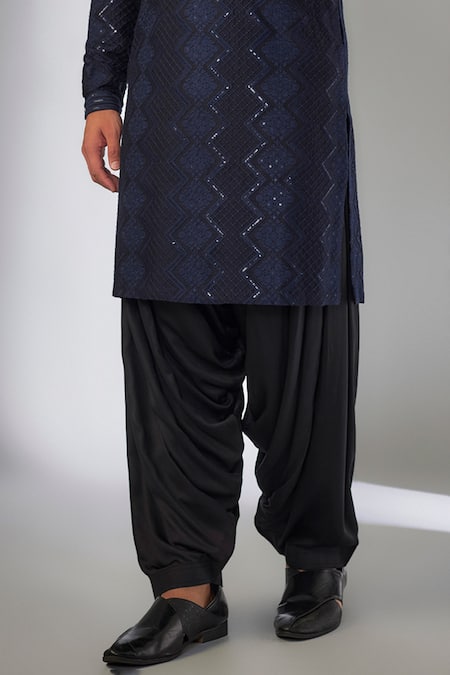 SALIL BHATIA_Navy Silk, Modal, Satin Sequins, Metallic Van Mahal Embellished Kurta Set _Online_at_Aza_Fashions