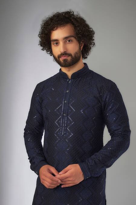 Buy_SALIL BHATIA_Navy Silk, Modal, Satin Sequins, Metallic Van Mahal Embellished Kurta Set _Online_at_Aza_Fashions
