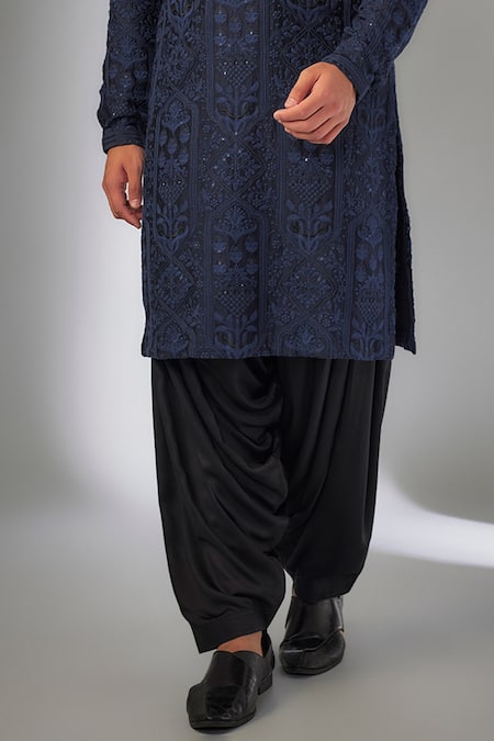 SALIL BHATIA_Blue Silk, Chanderi, Modal, Satin Embroidery, Sequins Taj Mahal Kurta Set _Online_at_Aza_Fashions