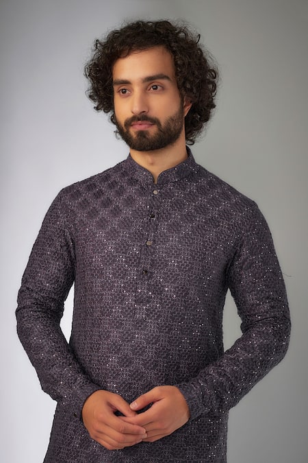 SALIL BHATIA_Purple Silk, Modal, Satin Embroidery, Rooh Mahal Thread Embellished Kurta Set _Online_at_Aza_Fashions
