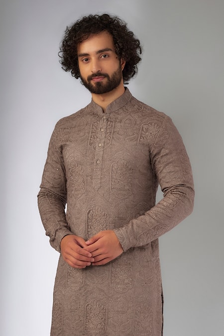 Buy SALIL BHATIA Brown Silk, Modal, Satin Embroidery, Sequins Ruhani Mahal Thread Kurta Set Online at Aza Fashions Buy_SALIL BHATIA_Brown Silk, Modal, Satin Embroidery, Sequins Ruhani Mahal Thread Kurta Set _Online_at_Aza_Fashions